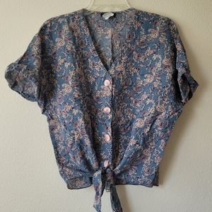 Devia Button Down Tie Front Floral Shirt Blue Pink Paisley